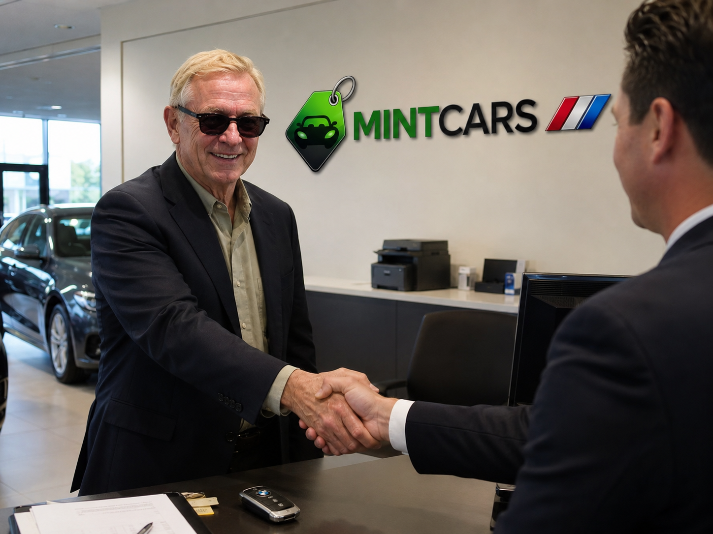 Customer shaking hands with the Mint Cars sales team beside a BMW key