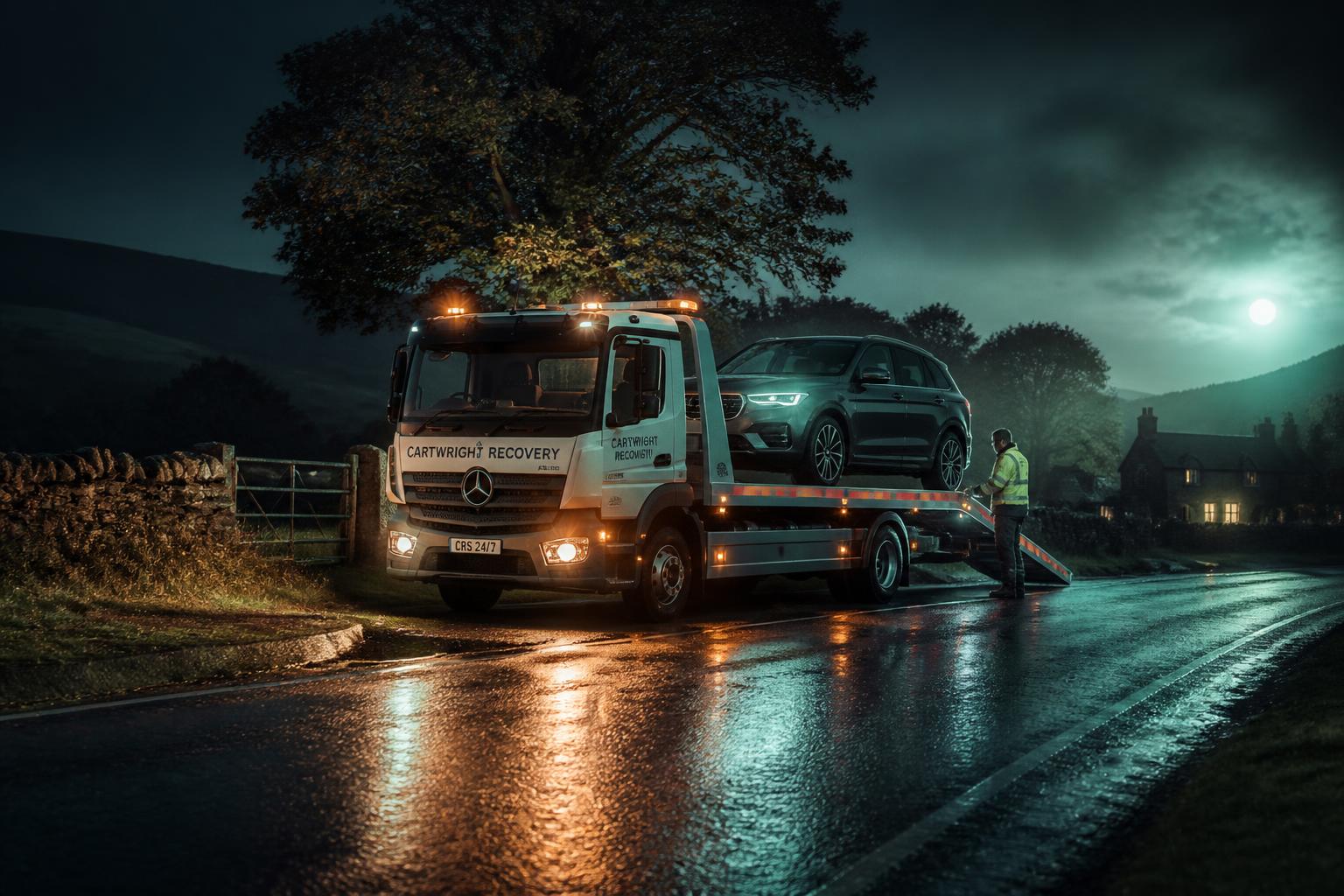 RAC-style recovery truck loading a premium SUV on a wet rural road at night