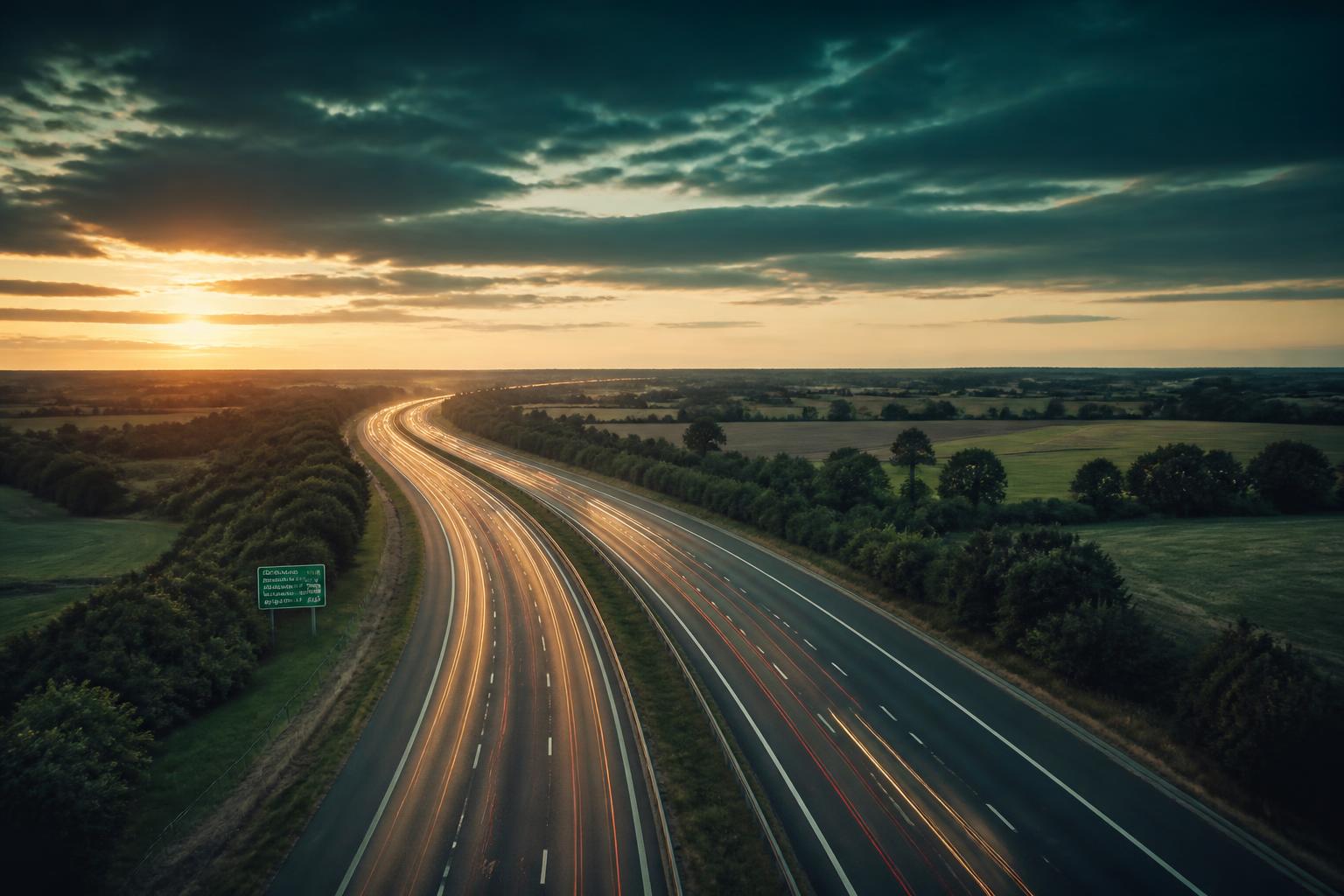 Aerial view of the A14 carriageway through Suffolk at dusk
