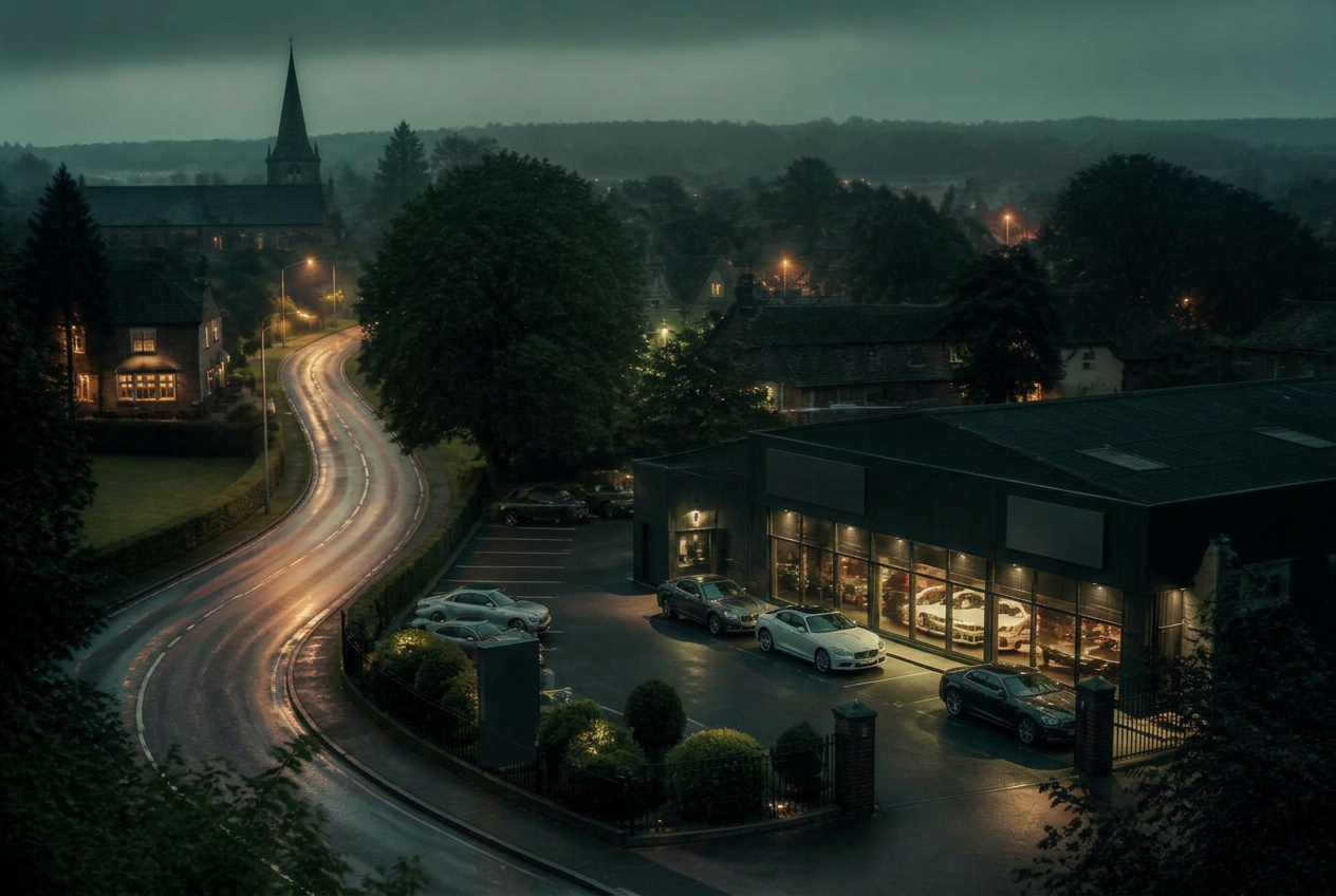 Cinematic Suffolk village scene near Needham Market at twilight