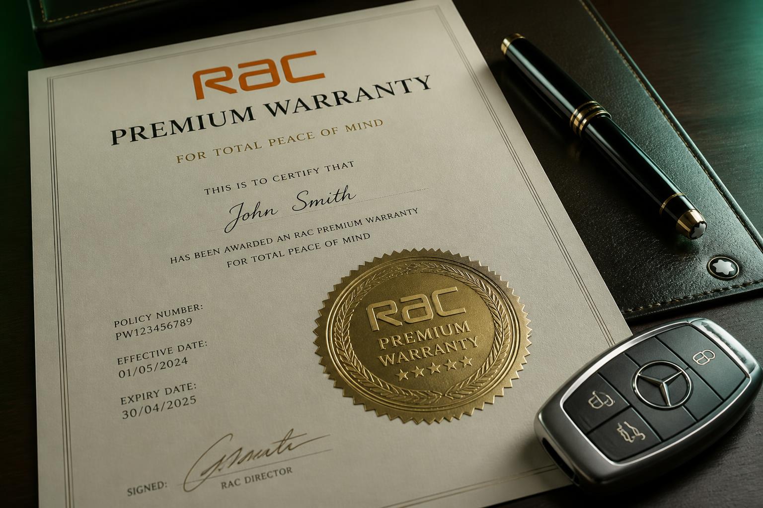 RAC Premium Warranty certificate with embossed gold seal and a premium car key