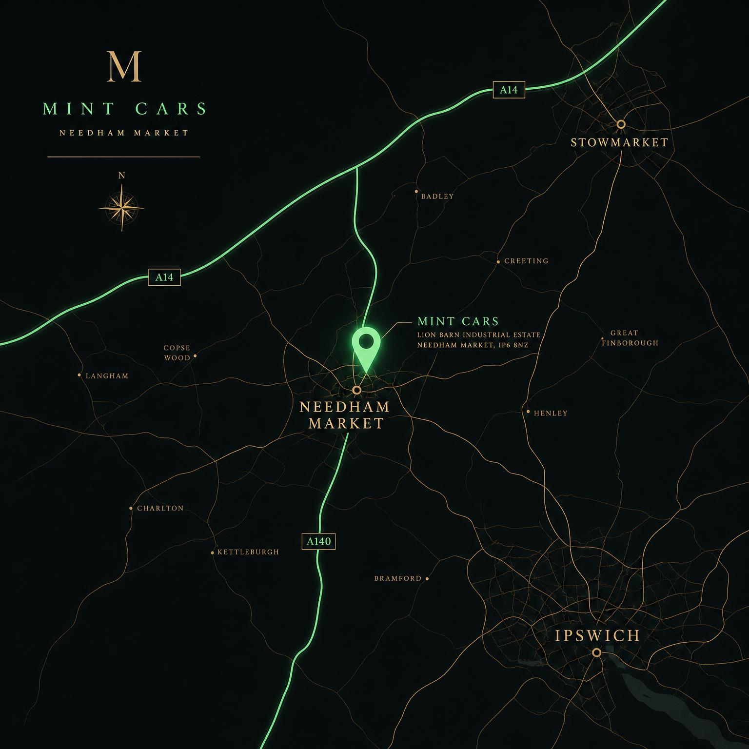 Bespoke mint-green map of Needham Market showing Mint Cars location