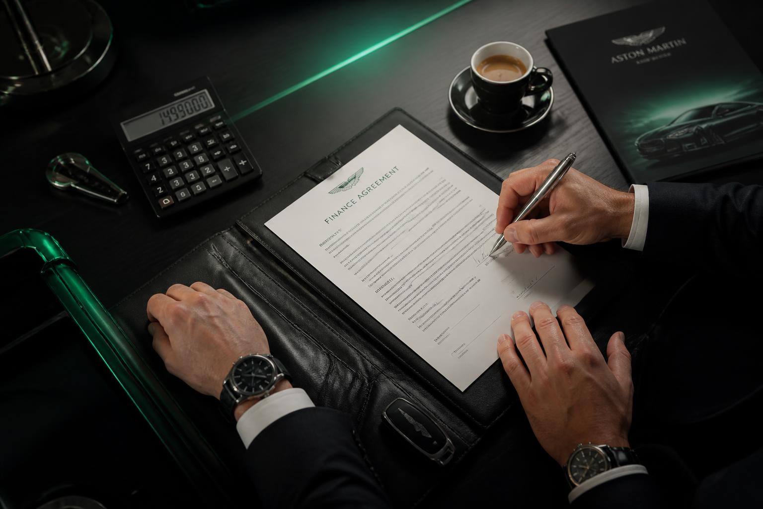 Customer signing a finance agreement at a luxury dealership desk